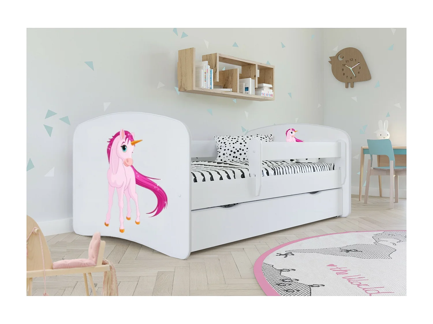 Cama infantil Unicornio con somieres y barrera de seguridad extraíble Drimy-Ropa de cama 70x140 cm