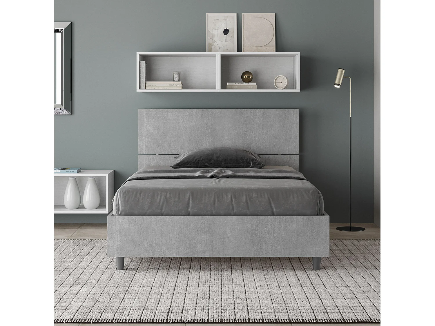 Bett mit Lattenrost 120x200, geneigtes Kopfteil aus Demas-Beton