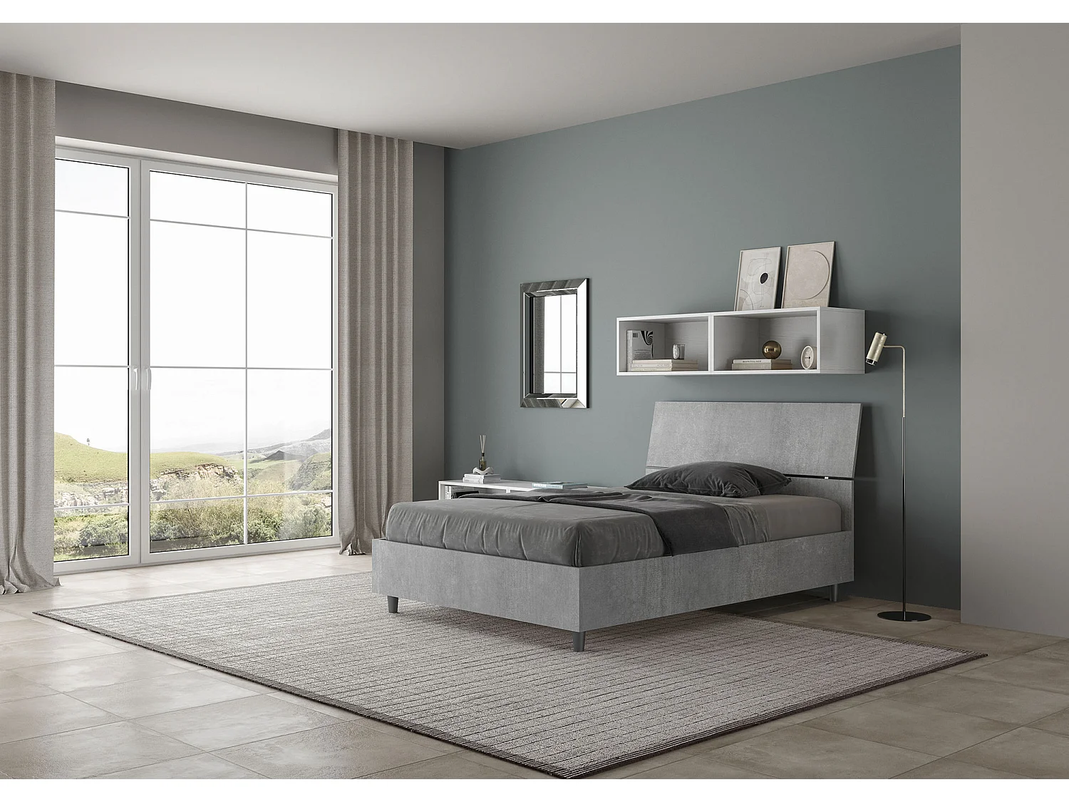 Lit 1 place et demi avec sommier 120x200 tête de lit inclinée gris béton Demas