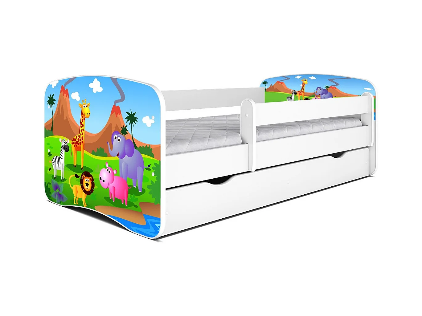 Cama infantil Safari blanca con somieres y barrera de seguridad extraíble Drimy-Colchones de espuma-Ropa de cama 70x140 cm