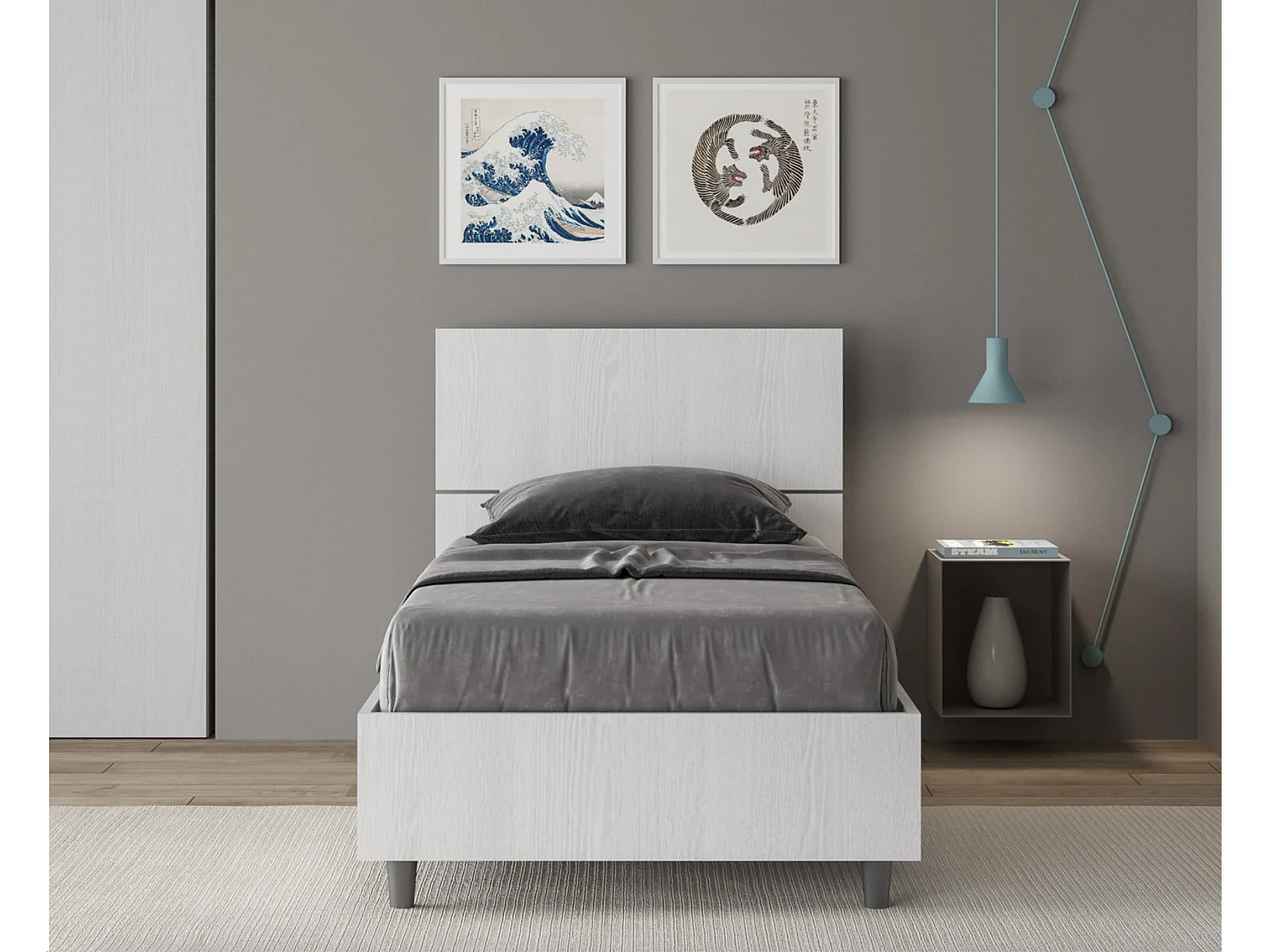 Renoma houten bed met schuin hoofdbord-Kleur Wit-Slapen 80x200cm-Versie zonder boxspring