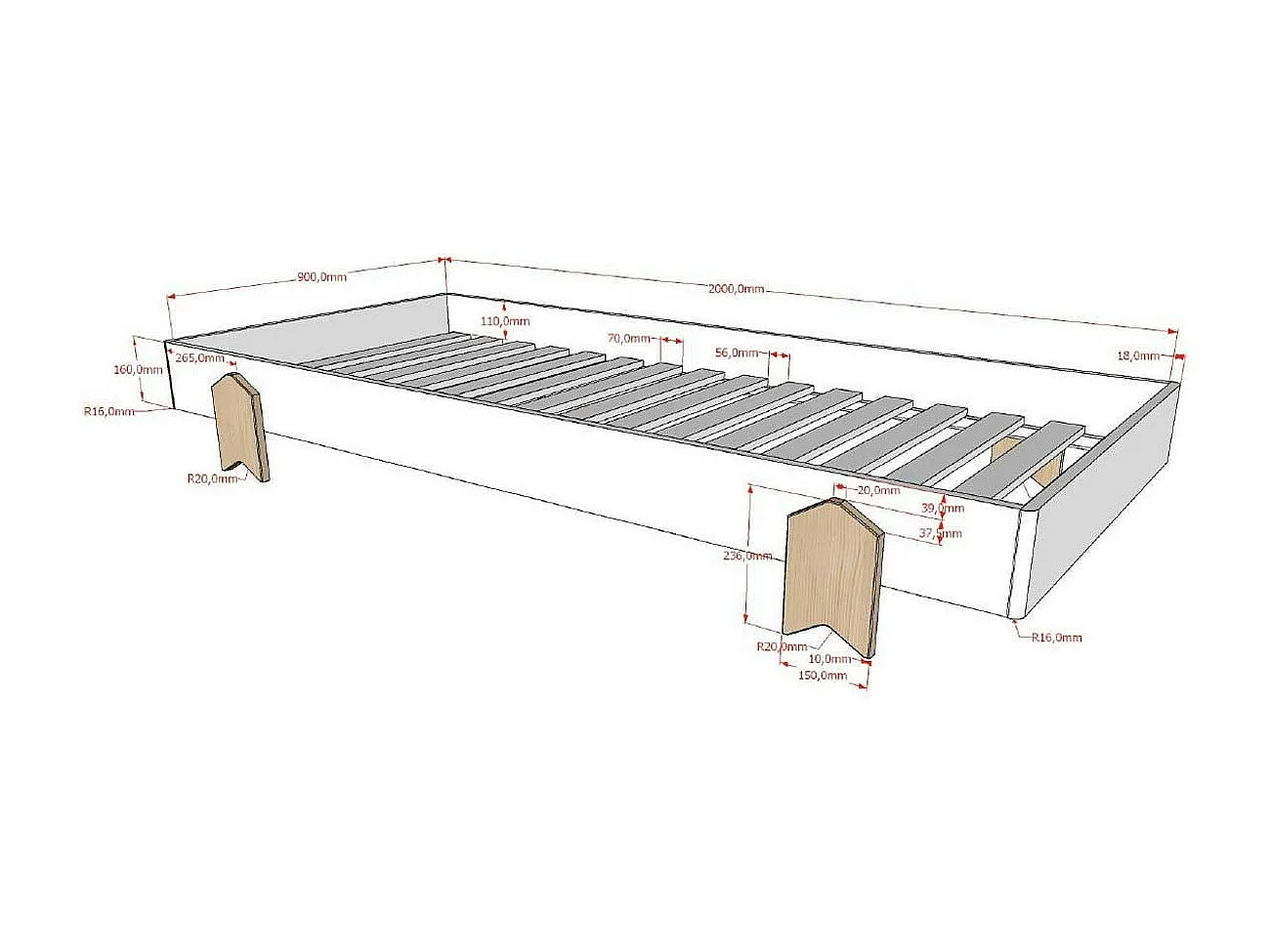 Bed 90x200 cm massief wit grenen en licht hout Ridulo