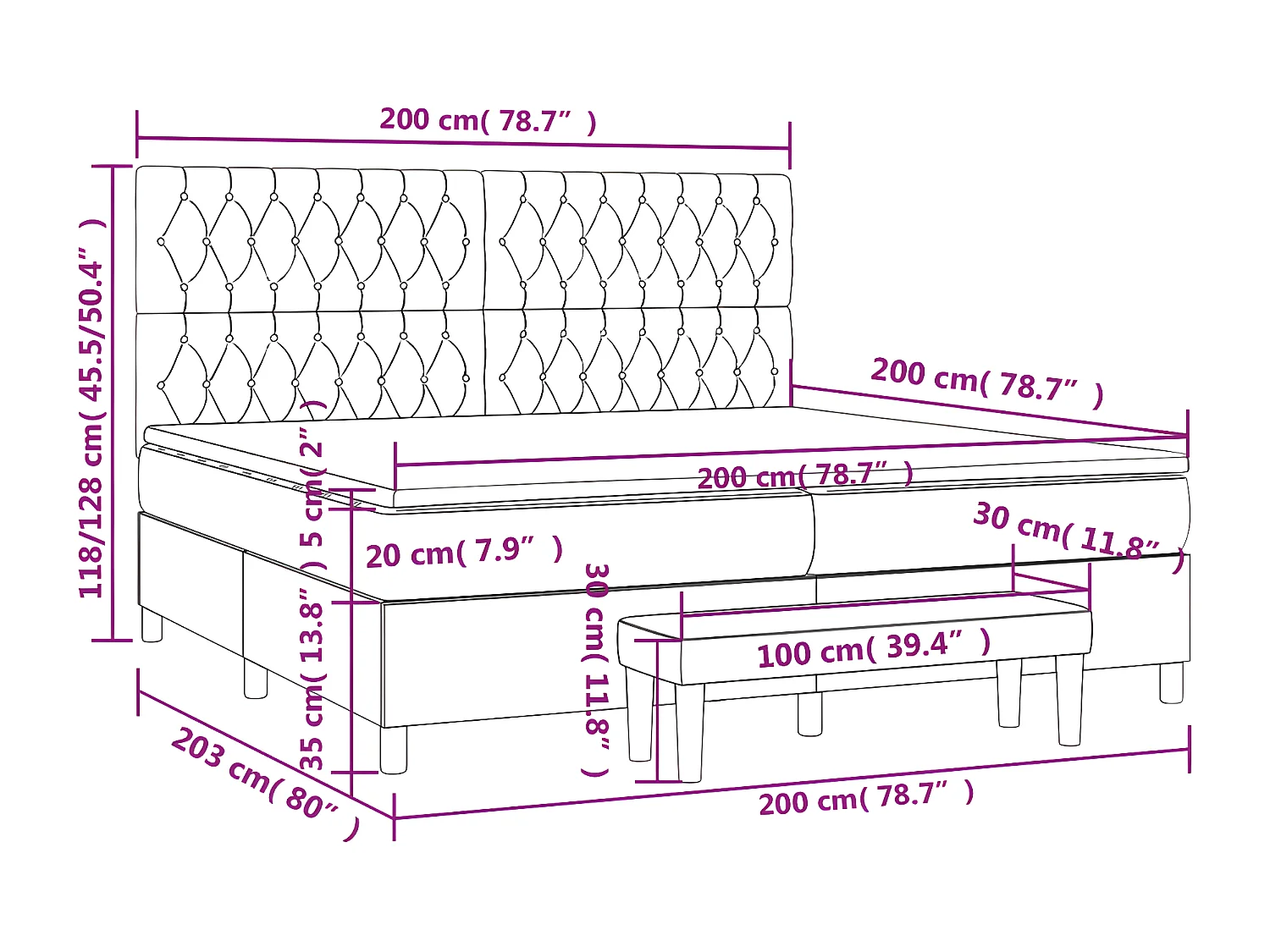 Lit à sommier tapissier et matelas Gris clair 200x200 Velours 4