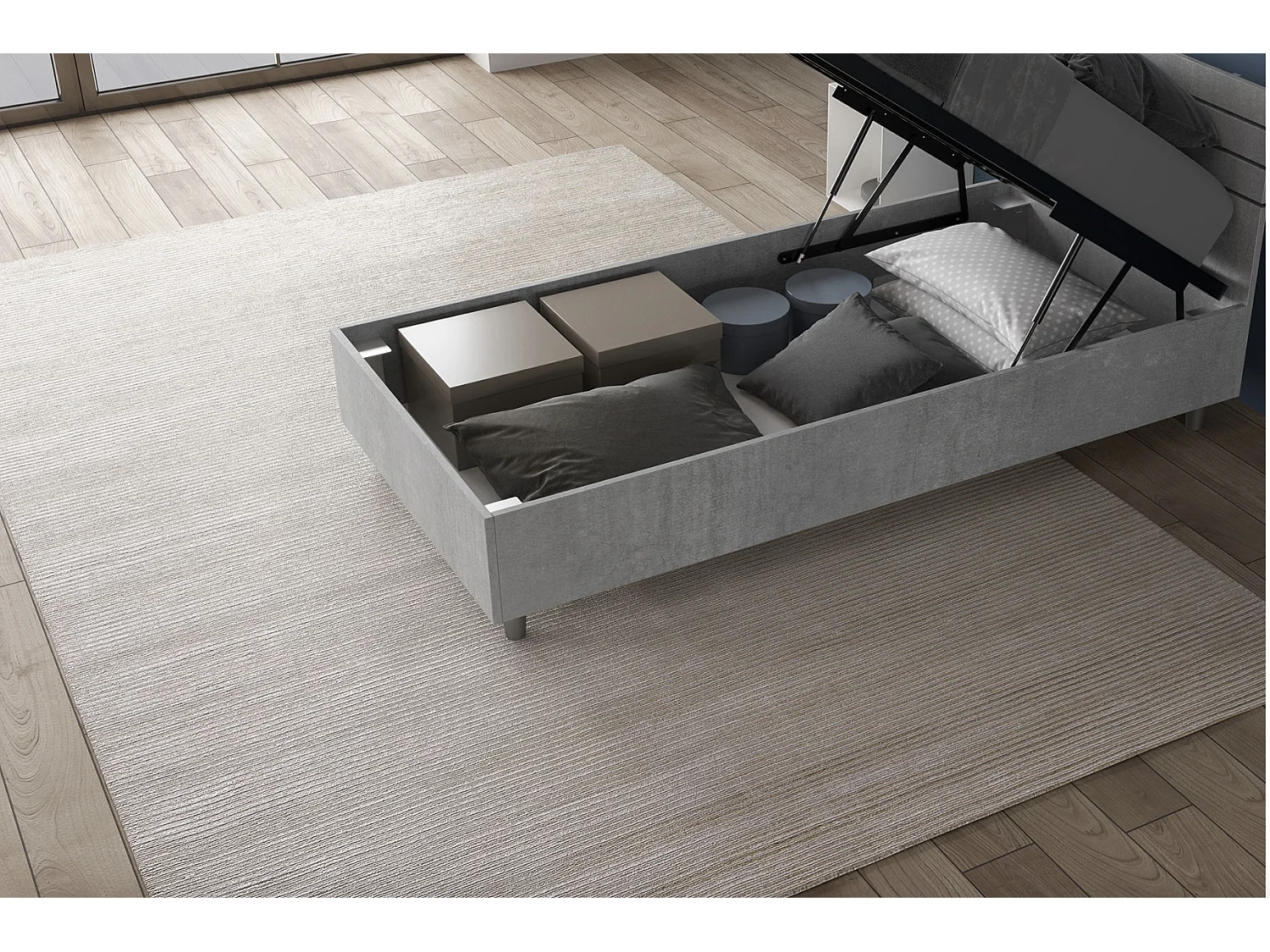 Renoma houten bed met schuin hoofdbord-Kleur Grijs-Slapen 80x200cm-Versie opslagruimte