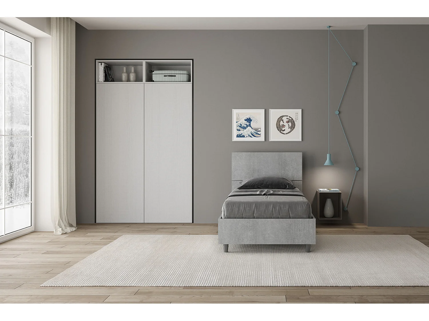 Lit en bois avec tête de lit inclinée Renoma-Couleur Gris-80x200-Version coffre de rangement