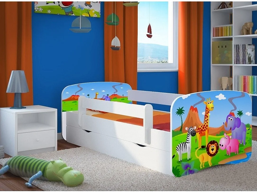 Lit enfant blanc Safari avec sommiers et barrière de sécurité amovible Drimy-80x180-Tiroirs Avec tiroir