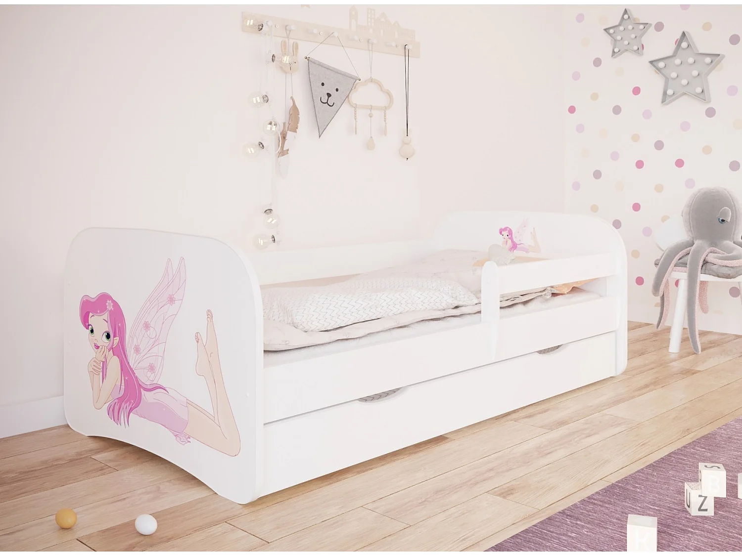 Klein sprookjeswit kinderbedje met boxsprings en afneembaar hekwerk Drimy-Schuim matras-Slapen 80x180cm-Laden Met lade