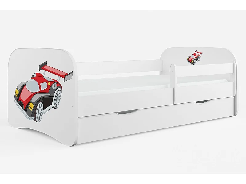 Lit enfant automobile avec sommiers et barrière de sécurité amovible Drimy-Matelas mousse-80x180-Tiroirs Avec tiroir