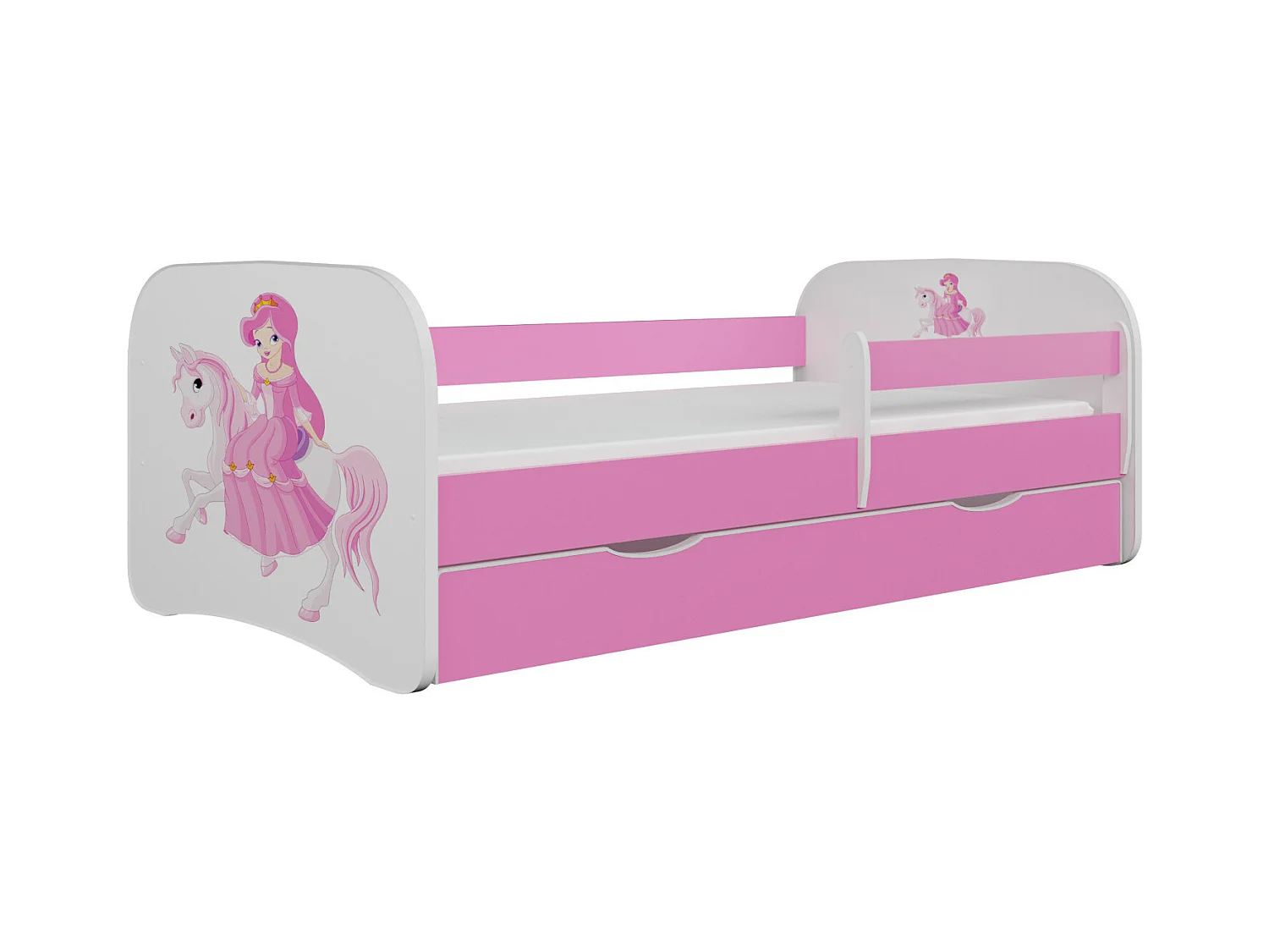 Lit enfant princesse rose à cheval avec sommiers et barrière de sécurité amovible Drimy-Matelas mousse-70x140