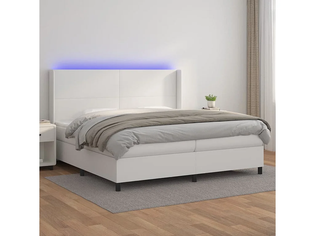 Lit à sommier tapissier et matelas et LED Blanc 200x200 Similicuir