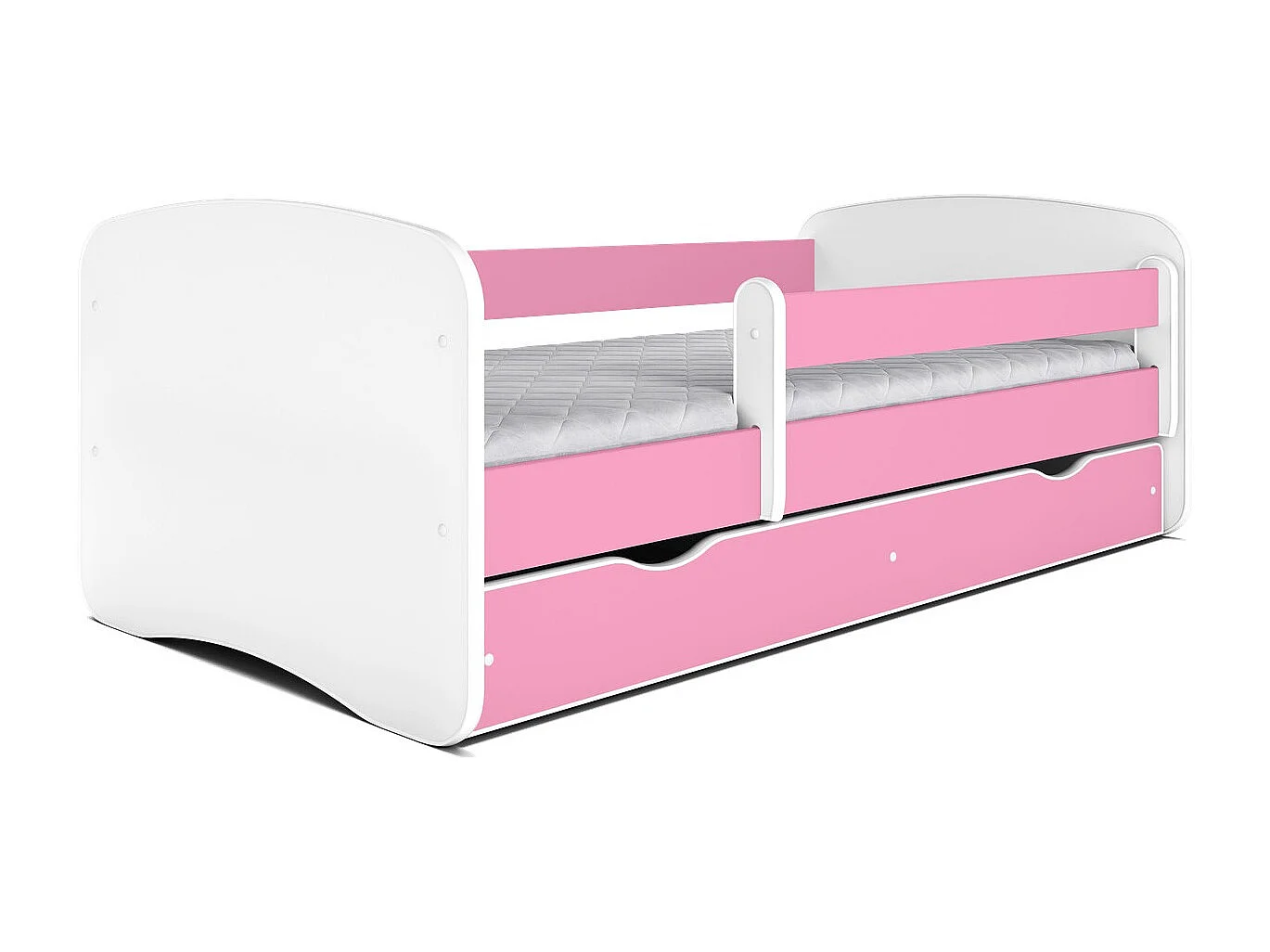 Lit enfant rose avec sommiers et barrière de sécurité amovible Drimy-Matelas mousse-80x160-Tiroirs Avec tiroir