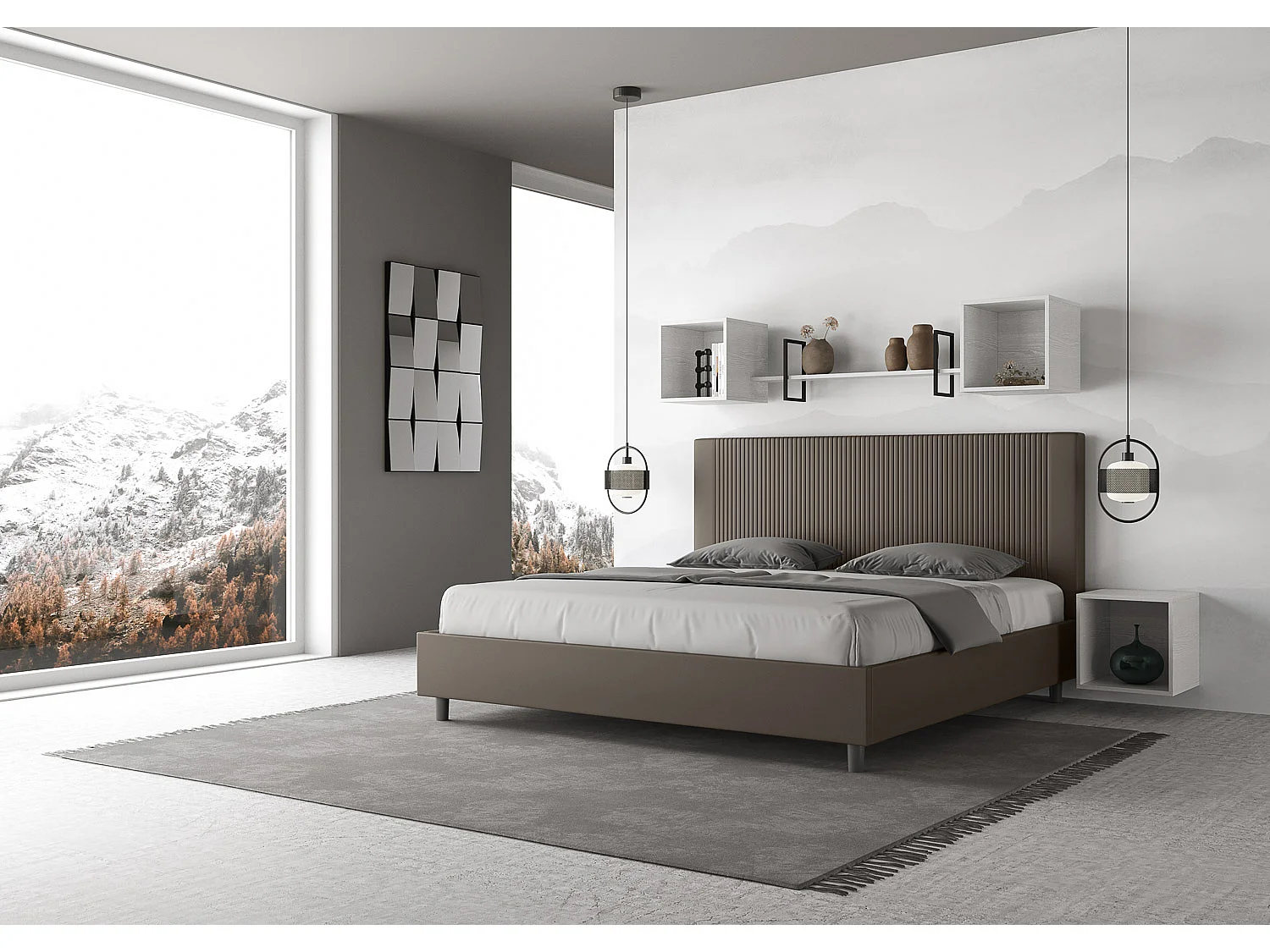 Lit moderne avec tête de lit rayures verticales matelassé simili cuir Bazen-Couleur Marron-200x200-Option Avec sommier