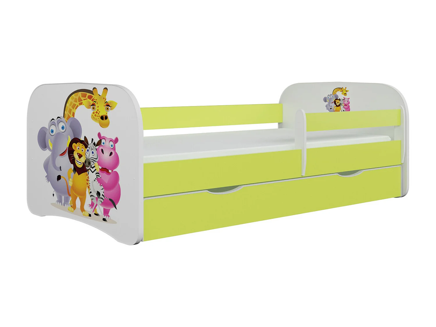 Lit enfant vert Zoo avec sommiers et barrière de sécurité amovible Drimy-Matelas mousse-80x180-Tiroirs Avec tiroir