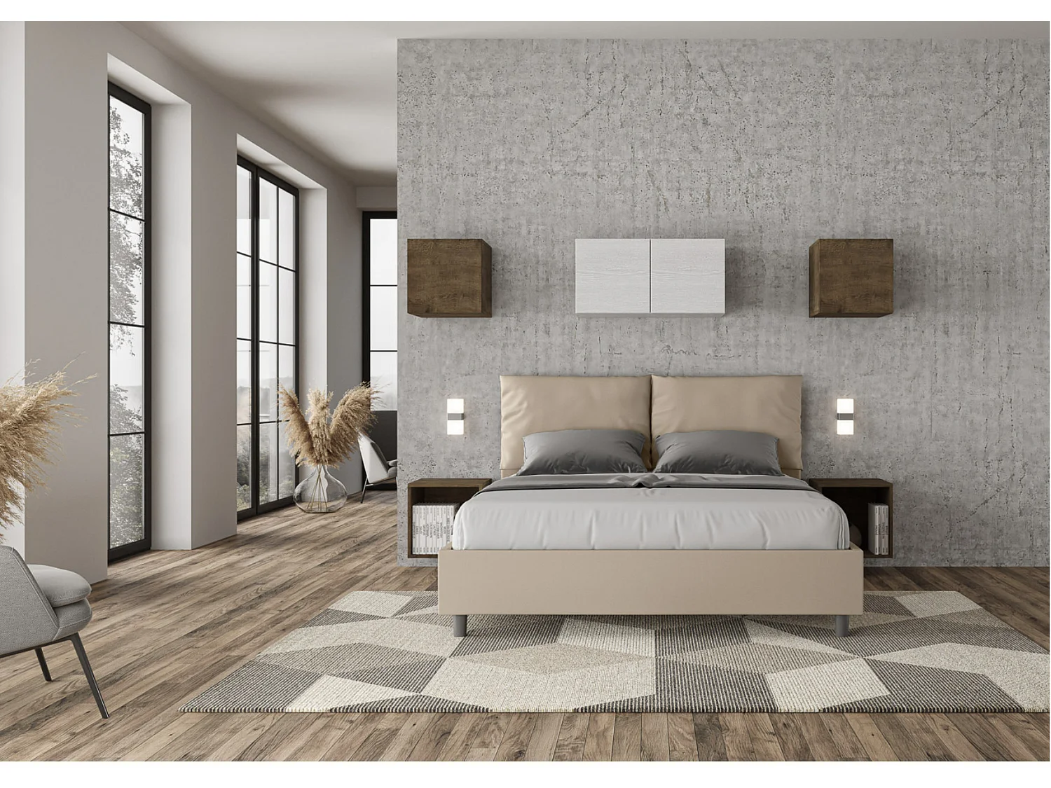 Lit adulte moderne avec coussins rembourrés simili cuir Anja-Couleur Beige-80x190-Option Avec coffre