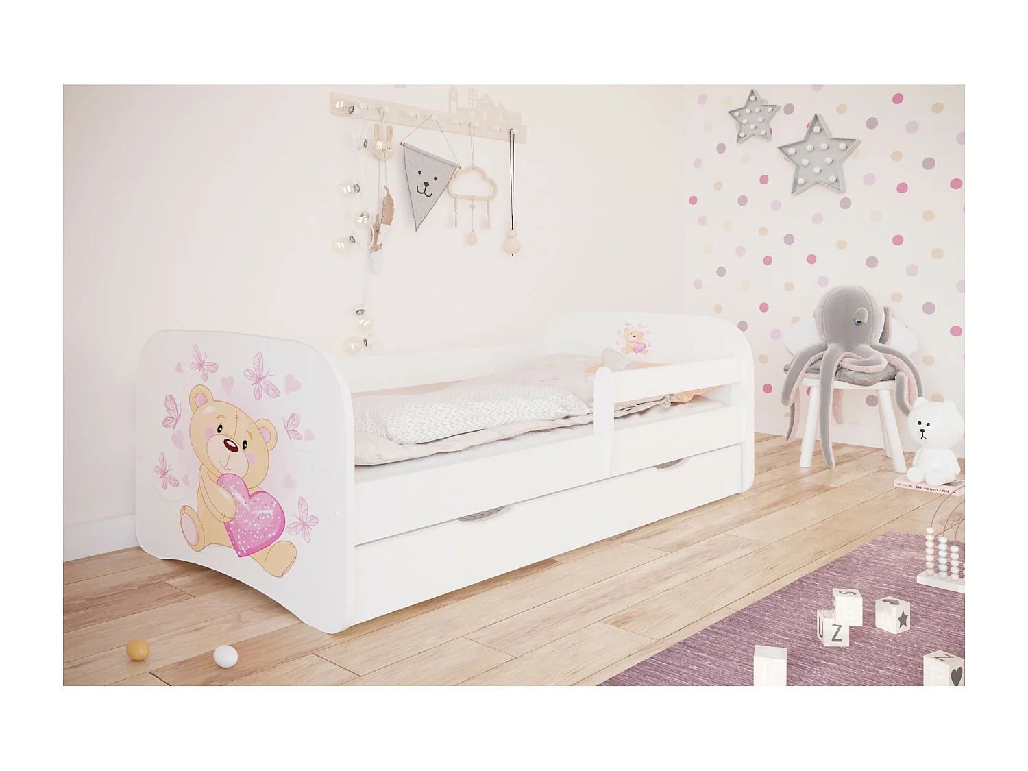 Butterfly kinderbed met boxsprings en afneembaar hekwerk Drimy-Zonder matras-Slapen 70x140cm-Laden Met lade