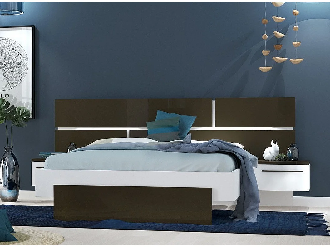 Lit laqué blanc et anthracite avec éclairage à tête de lit à effet graphique Kido 140x190
