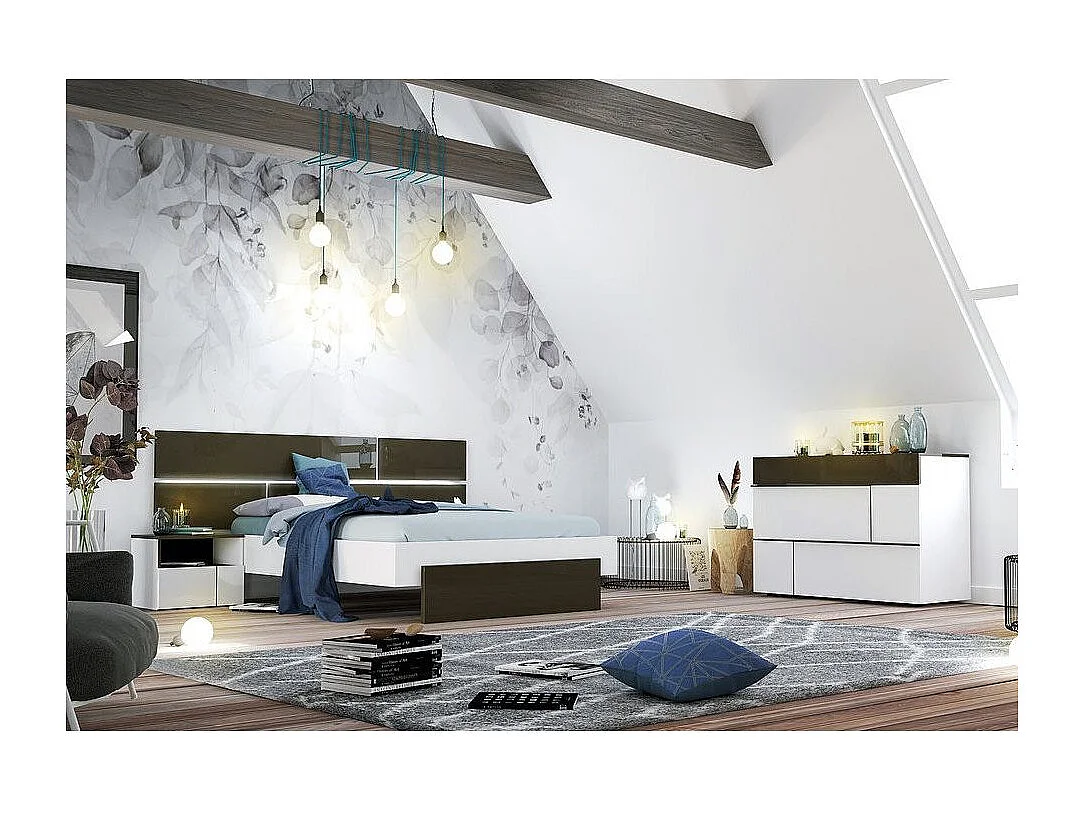 Lit laqué blanc et anthracite avec éclairage à tête de lit à effet graphique Kido 140x190