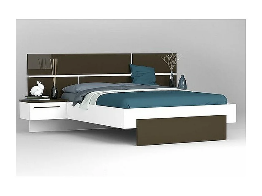 Lit laqué blanc et anthracite avec éclairage à tête de lit à effet graphique Kido 140x190