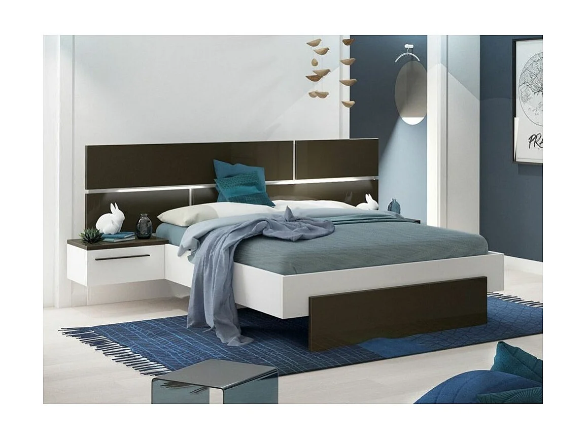 Lit laqué blanc et anthracite avec éclairage à tête de lit à effet graphique Kido 140x190