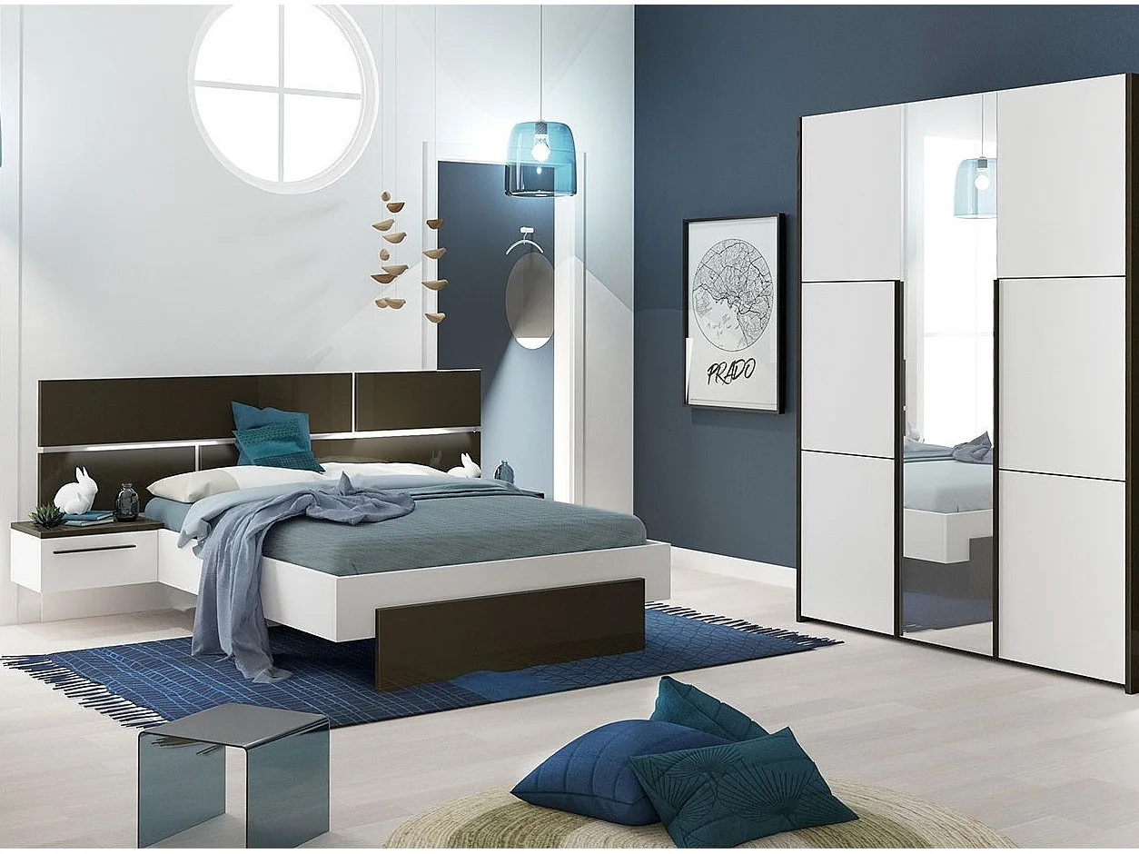 Lit laqué blanc et anthracite avec éclairage à tête de lit à effet graphique Kido 140x190