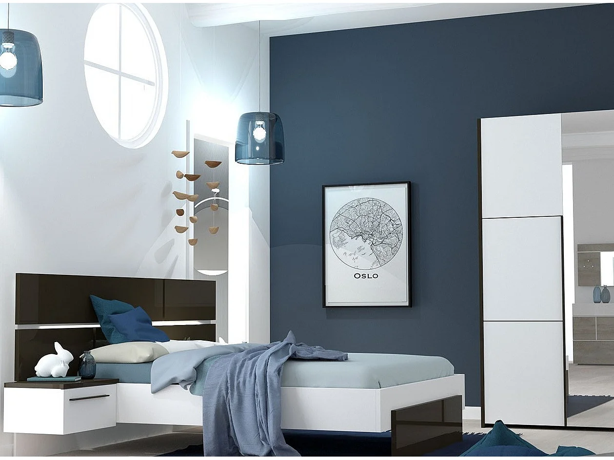 Lit laqué blanc et anthracite avec éclairage à tête de lit à effet graphique Kido 140x190