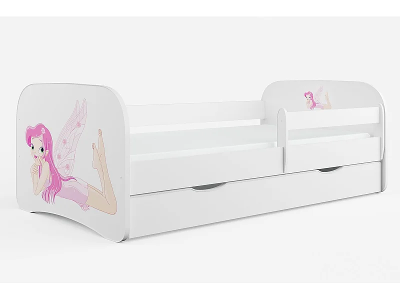 Lit enfant blanc petite fée avec sommiers et barrière de sécurité amovible Drimy-Matelas mousse-80x160-Tiroirs Avec tiroir