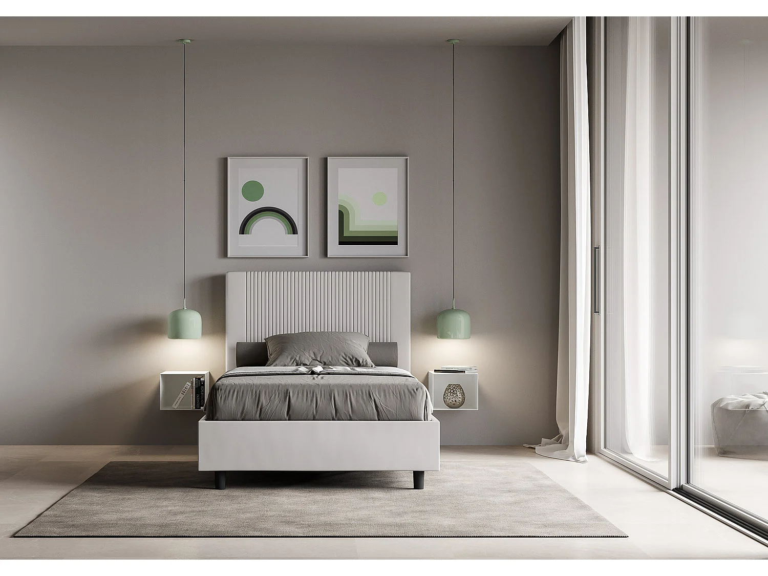 Cama moderna con cabecero de rayas verticales acolchado en símil piel Bazen-Color Blanco-Ropa de cama 90x190 cm