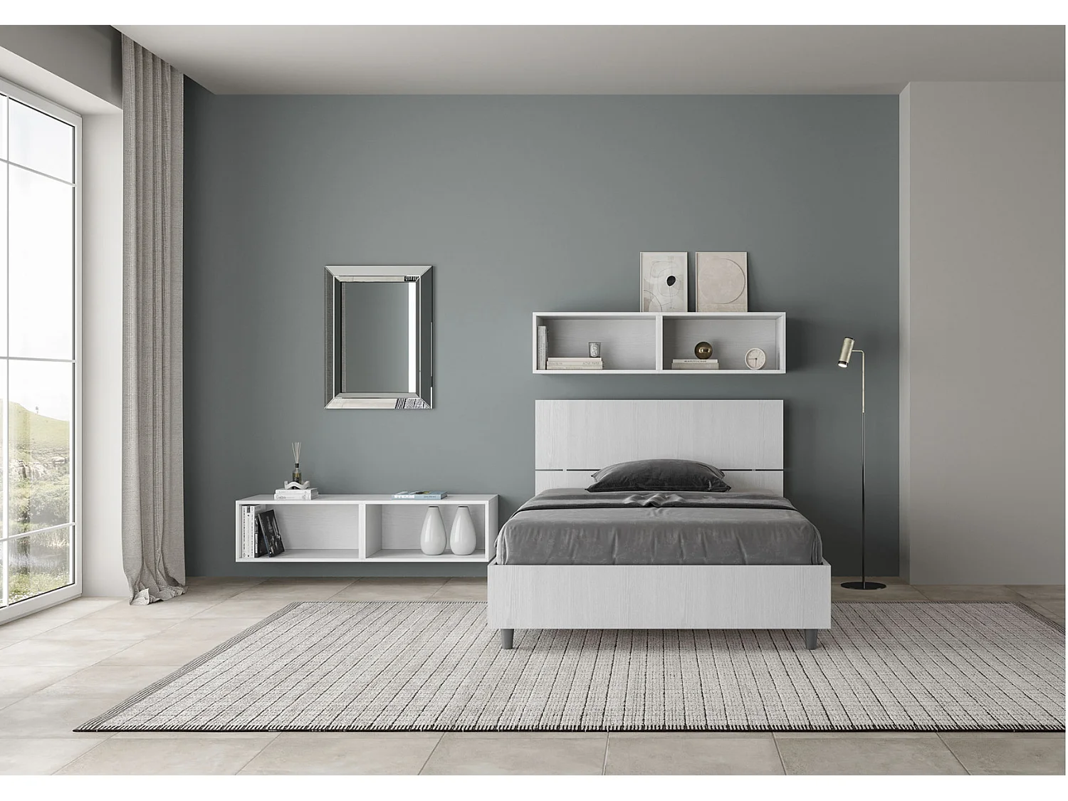 Lit en bois avec tête de lit inclinée Renoma-Couleur Blanc-120x200-Version avec sommier