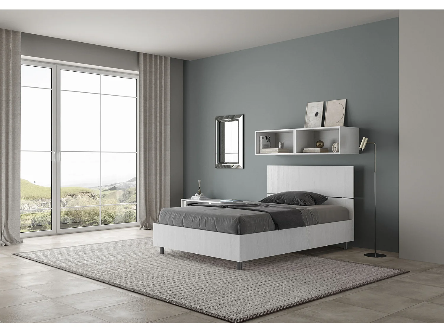 Lit en bois avec tête de lit inclinée Renoma-Couleur Blanc-120x200-Version avec sommier