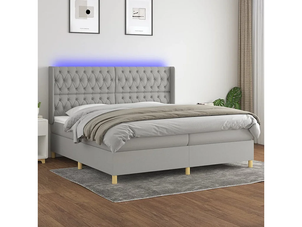 Lit à sommier tapissier matelas et LED Gris clair 200x200 Tissu