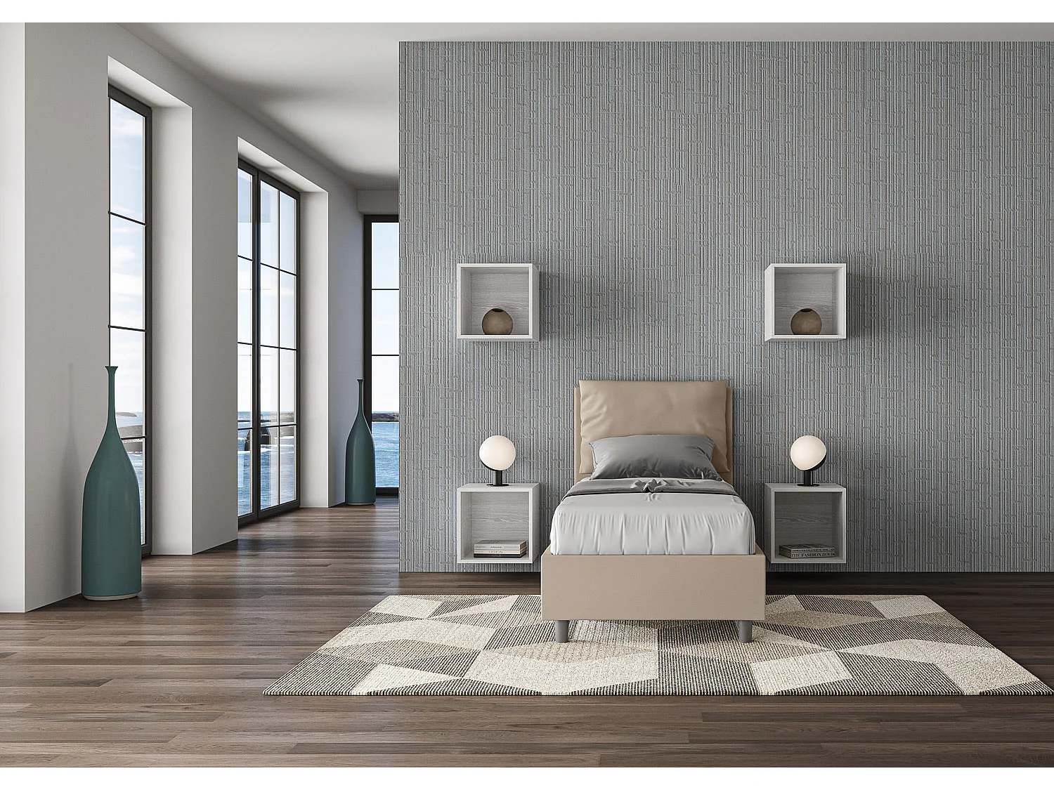 Lit adulte moderne avec coussins rembourrés simili cuir Anja-Couleur Beige-80x190