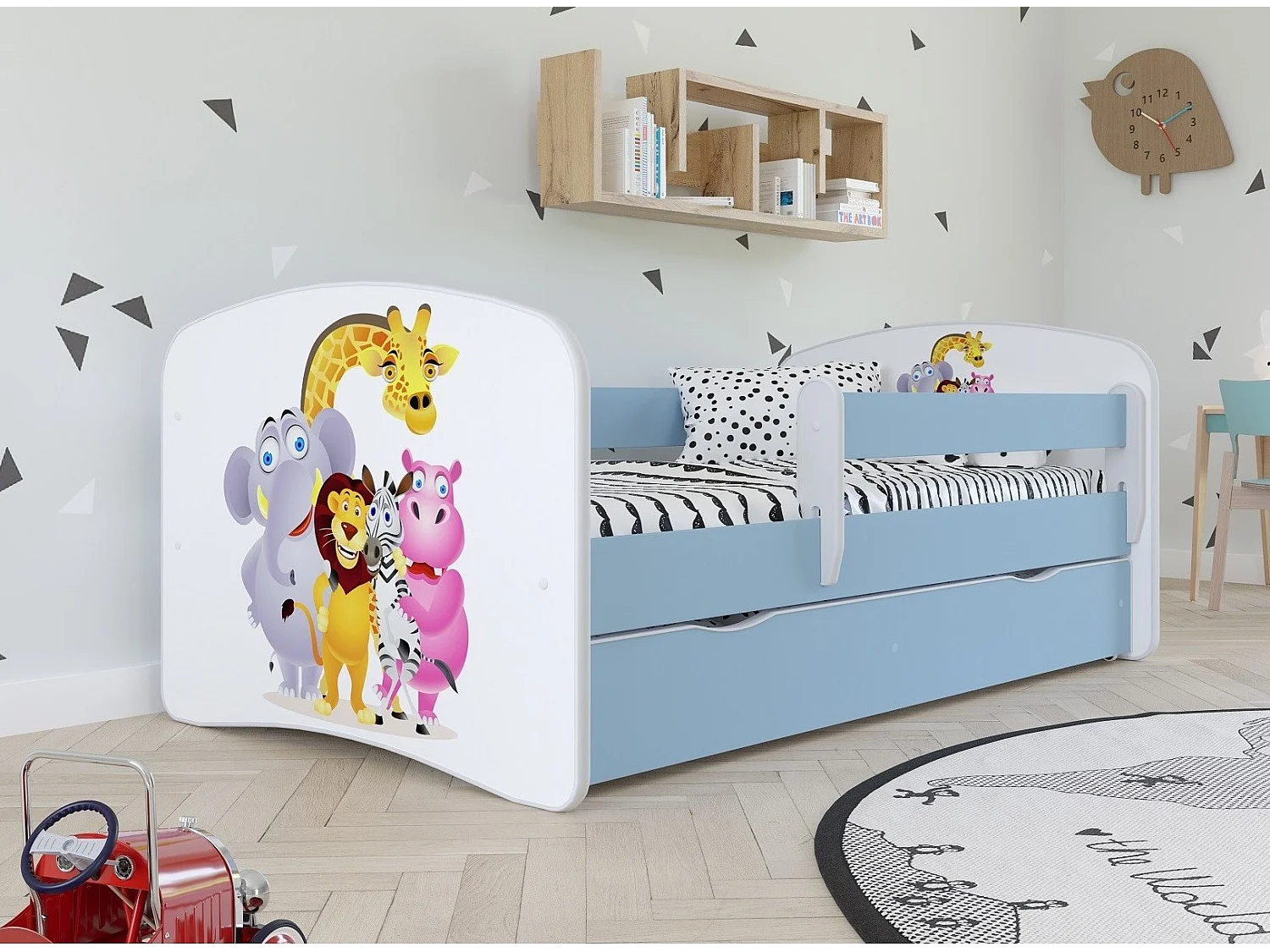 Lit enfant bleu Zoo avec sommiers et barrière de sécurité amovible Drimy-Matelas mousse-80x180