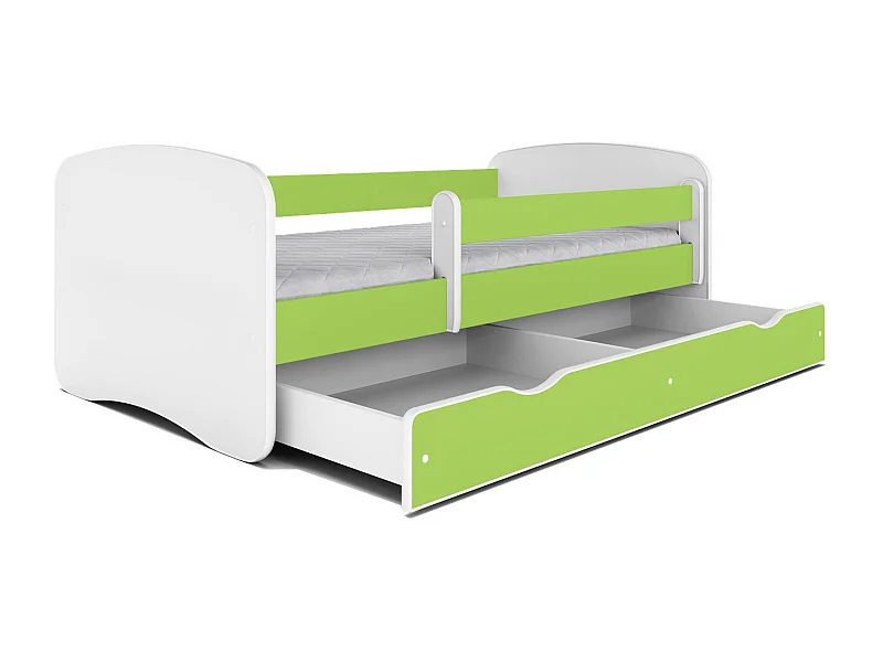 Cama infantil verde con somieres y barrera de seguridad extraíble Drimy-Ropa de cama 80x160 cm
