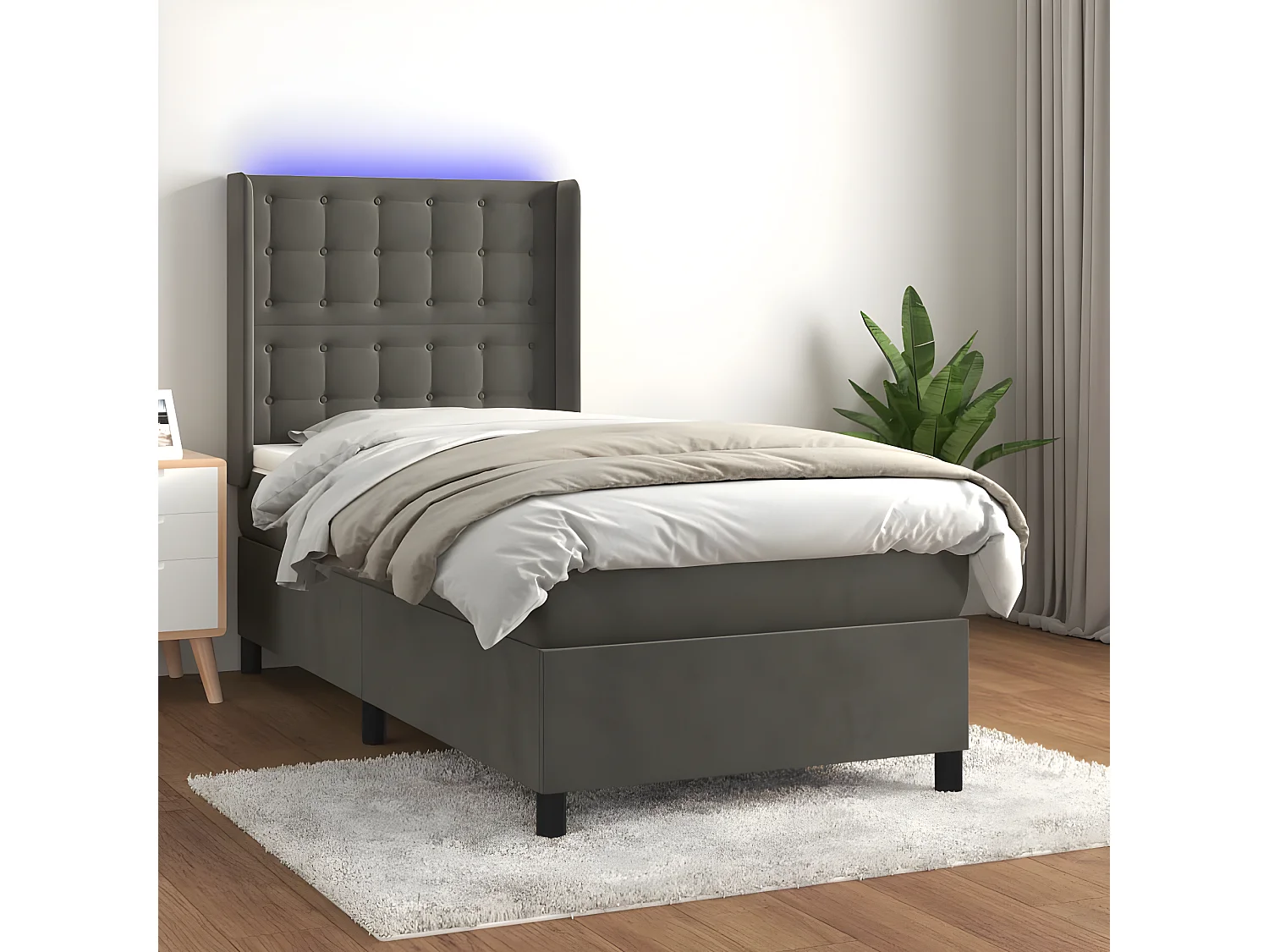 Lit à sommier tapissier matelas et LED Gris foncé 100x200 Velours