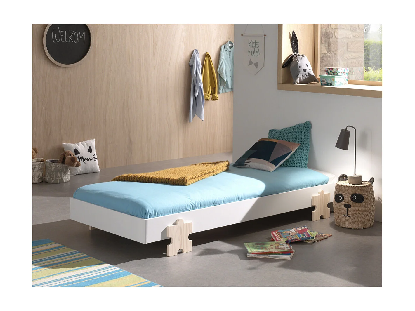 Bed 90x200 cm massief wit grenen en licht hout Valentino