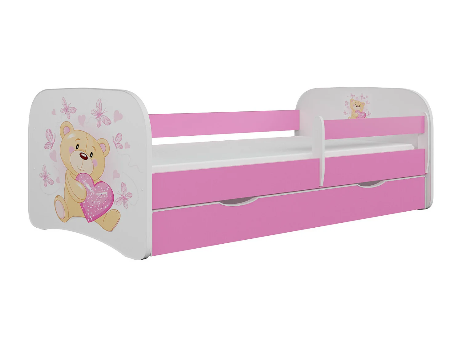 Lit enfant rose papillons avec sommiers et barrière de sécurité amovible Drimy-80x180-Tiroirs Avec tiroir