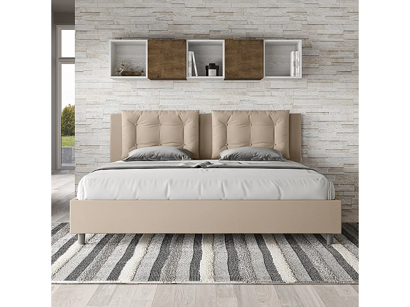 Gepolstertes Bett mit Lattenrost 200x200 mit Kunstlederbezug Taubengrau Annalisa