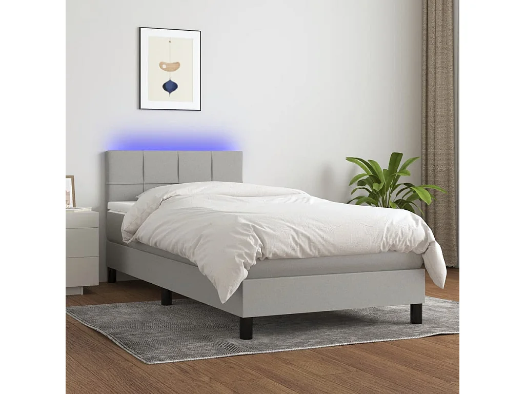 Lit à sommier tapissier avec matelas et LED Gris clair 90x200 Tissu