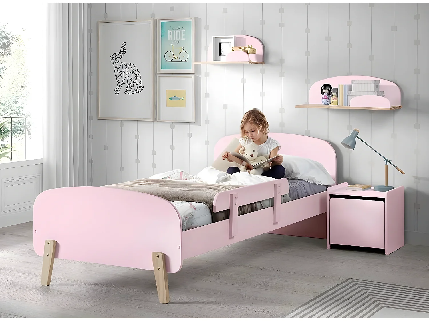 Lit Enfant & Barrière de Sécurité "Kiddy" 90x200cm Rose