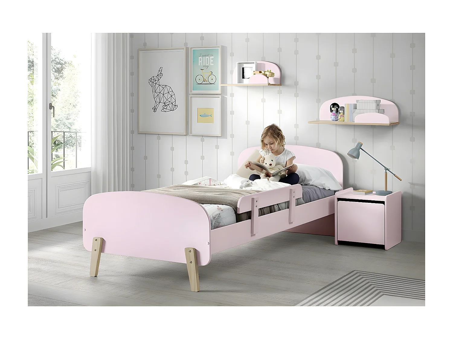 Lit Enfant & Barrière de Sécurité "Kiddy" 90x200cm Rose
