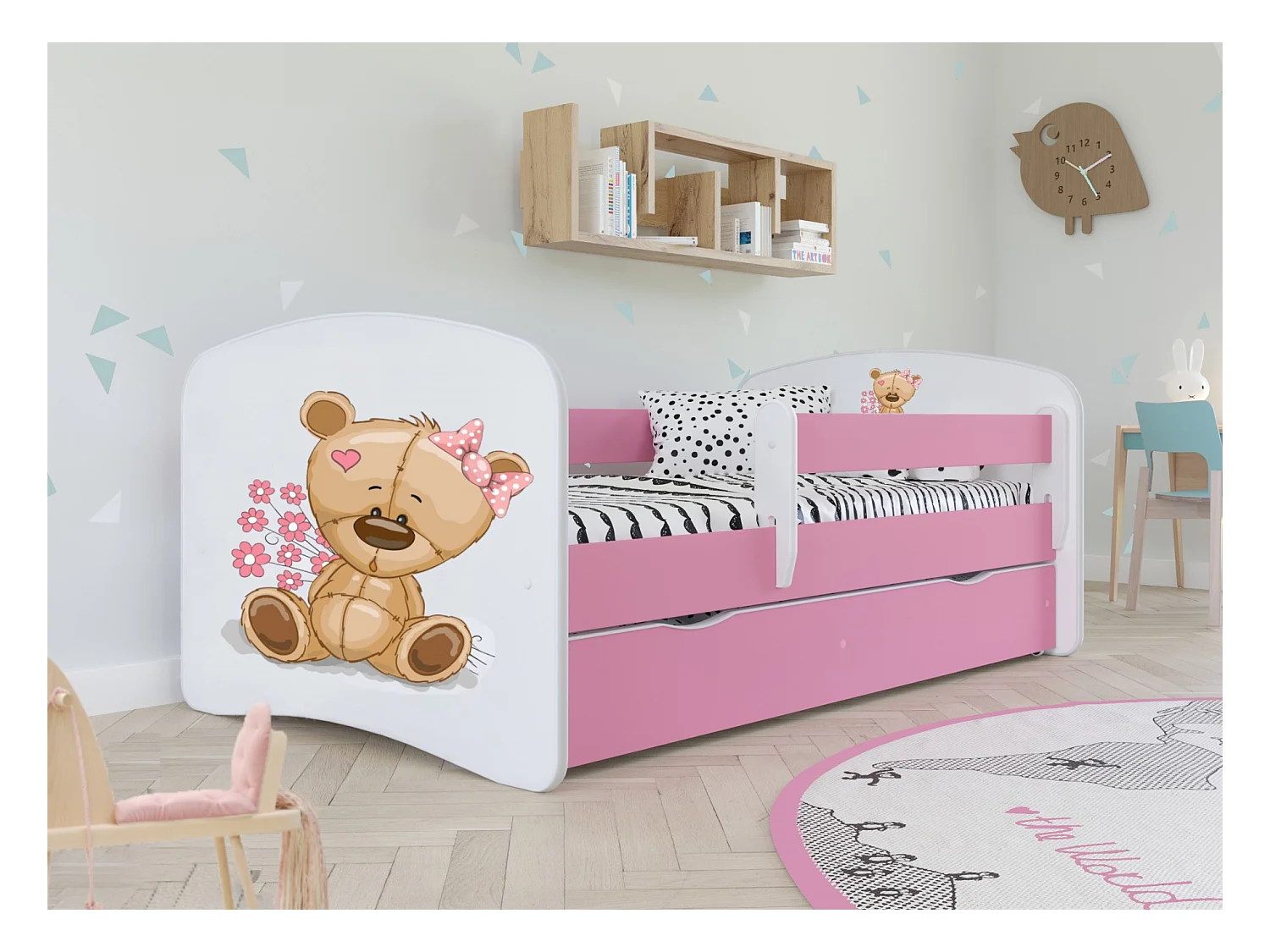 Roze teddybeer en bloemen kinderbedje met boxsprings en afneembaar veiligheidshekje Drimy-Schuim matras-Slapen 80x180cm-Laden Met lade