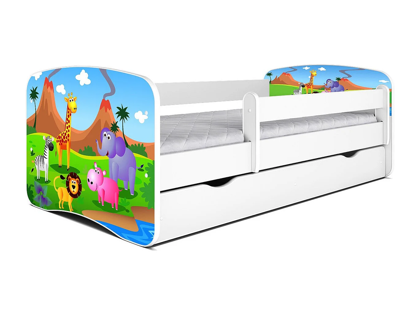 Lit enfant blanc Safari avec sommiers et barrière de sécurité amovible Drimy-Matelas mousse-80x160-Tiroirs Avec tiroir