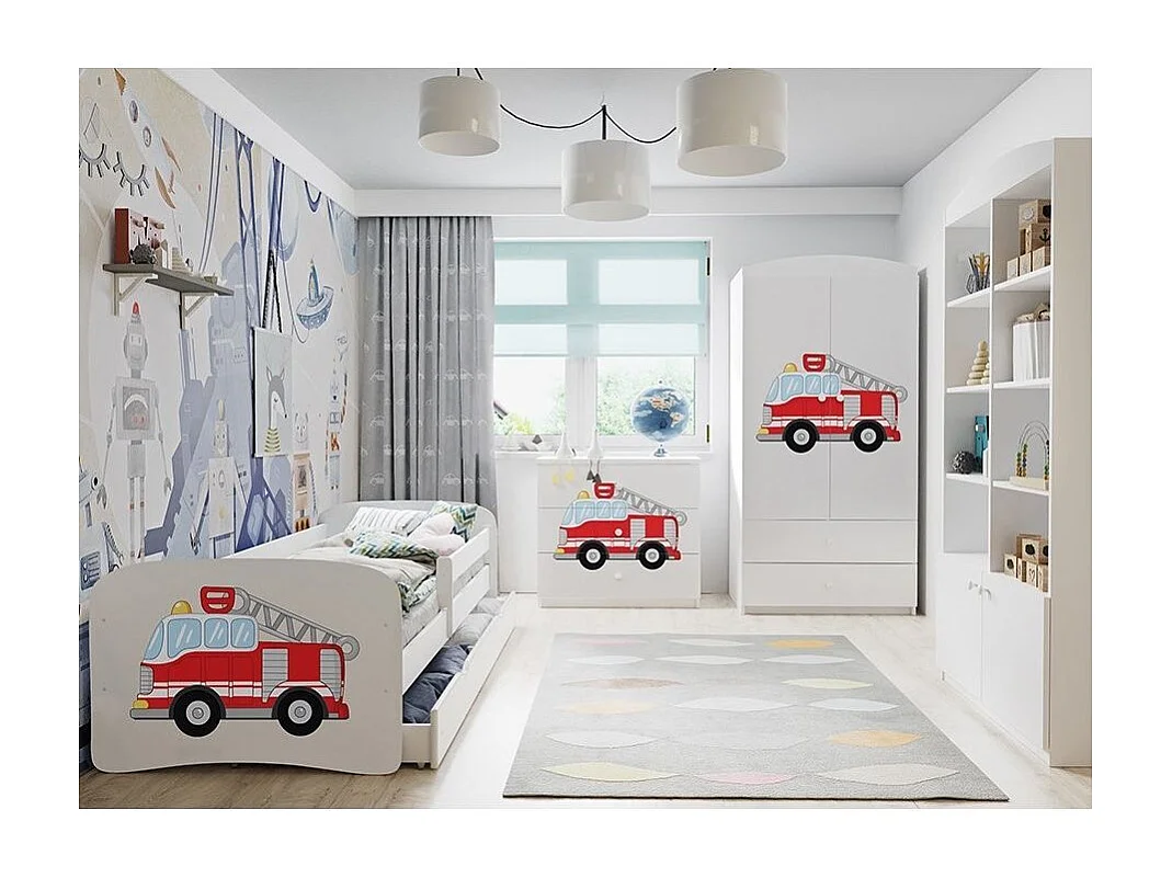 Cama infantil Safari blanca con somieres y barrera de seguridad extraíble Drimy-Colchones de espuma-Ropa de cama 80x160 cm-Cajones Con cajón