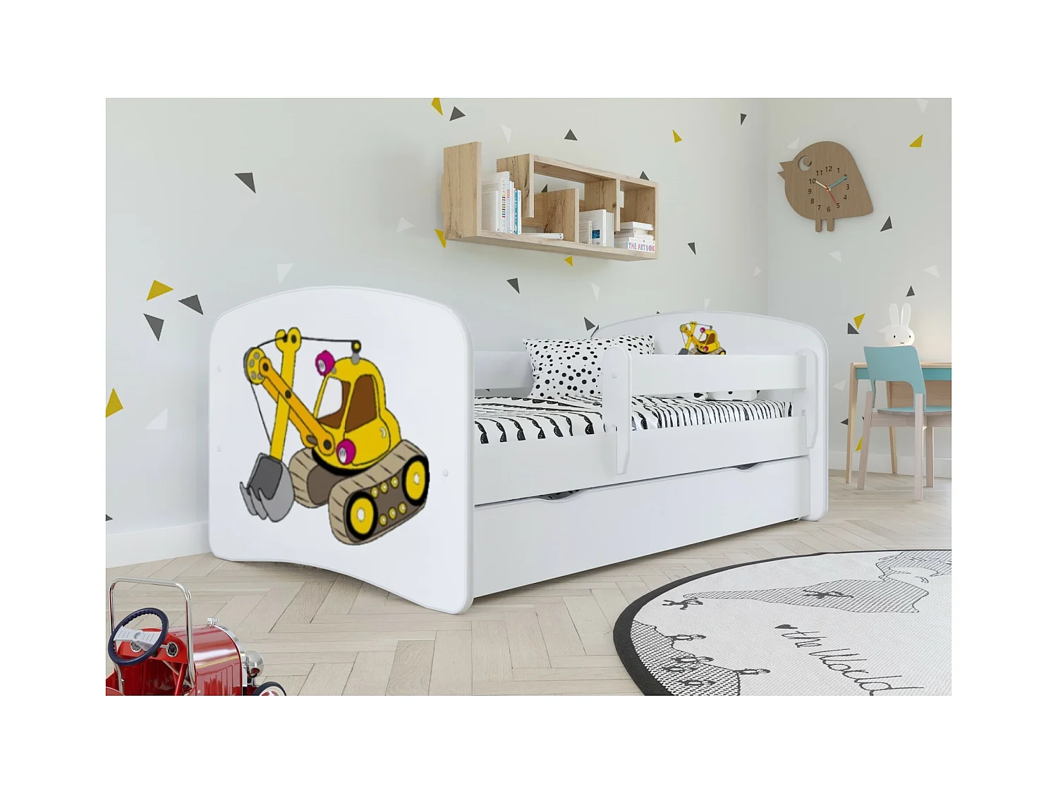 Cama infantil versión grúa con somieres y barrera de seguridad extraíble Drimy-Ropa de cama 80x180 cm-Cajones Con cajón