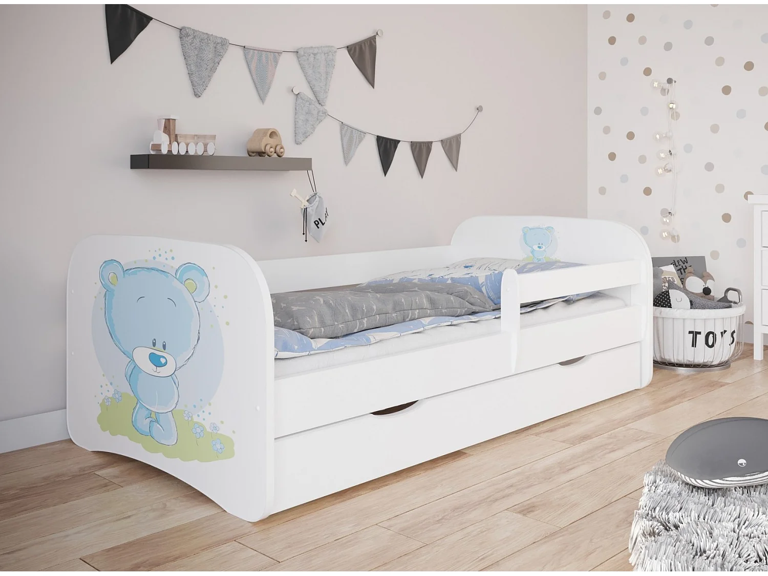 Lit enfant nounours avec sommiers et barrière de sécurité amovible Drimy-Matelas mousse-80x180