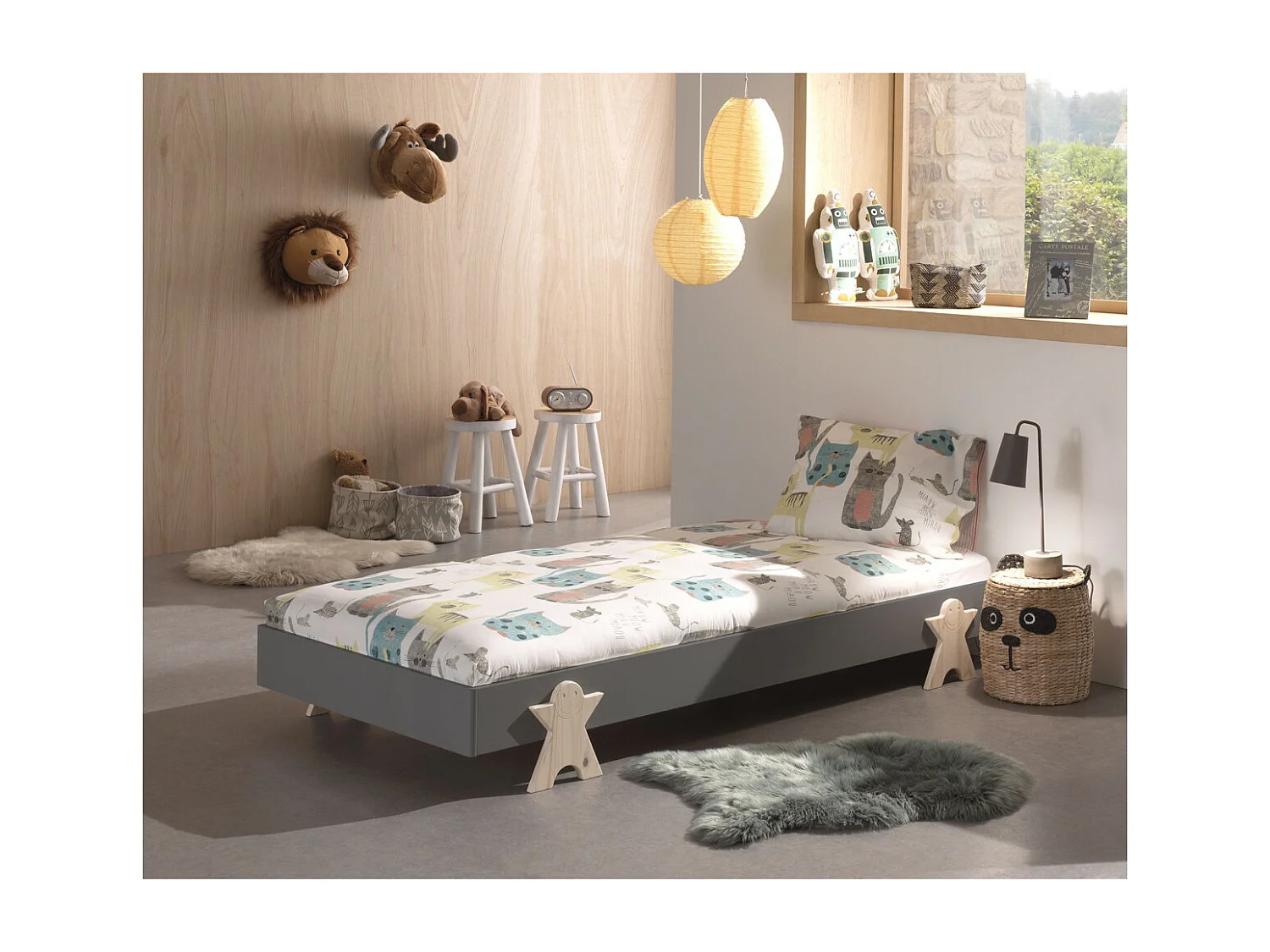 Lit Enfant en Bois "Modulo Smiley" 90x200cm Gris