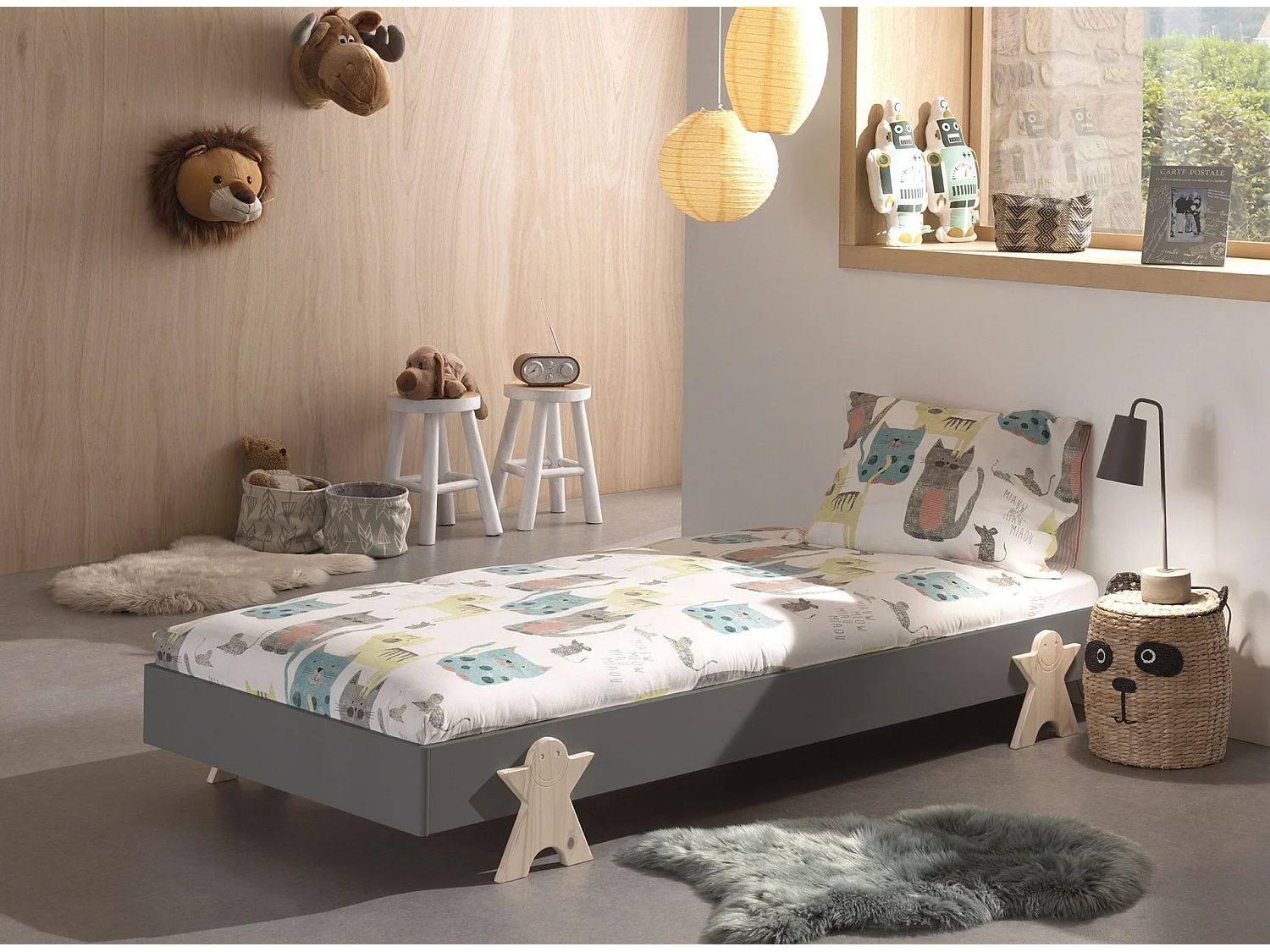 Lit Enfant en Bois "Modulo Smiley" 90x200cm Gris