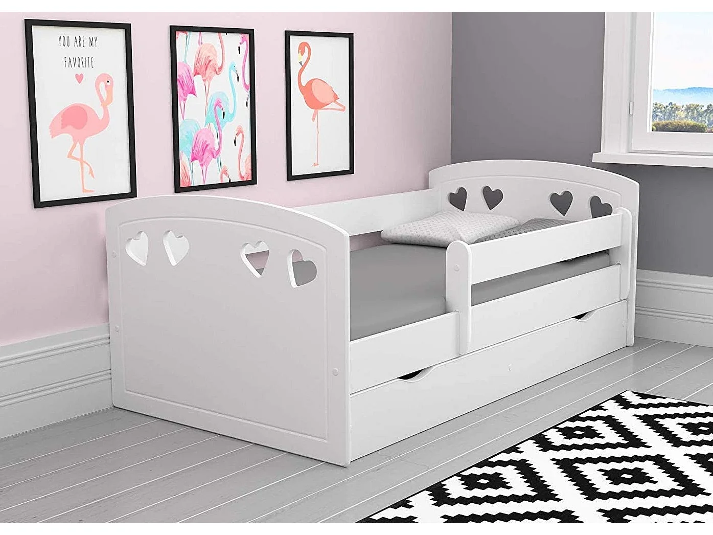 Bed gedecoreerd met hartjes met afneembare beugel wit Myra-Schuim matras-Slapen 80x160cm-Laden Zonder lade