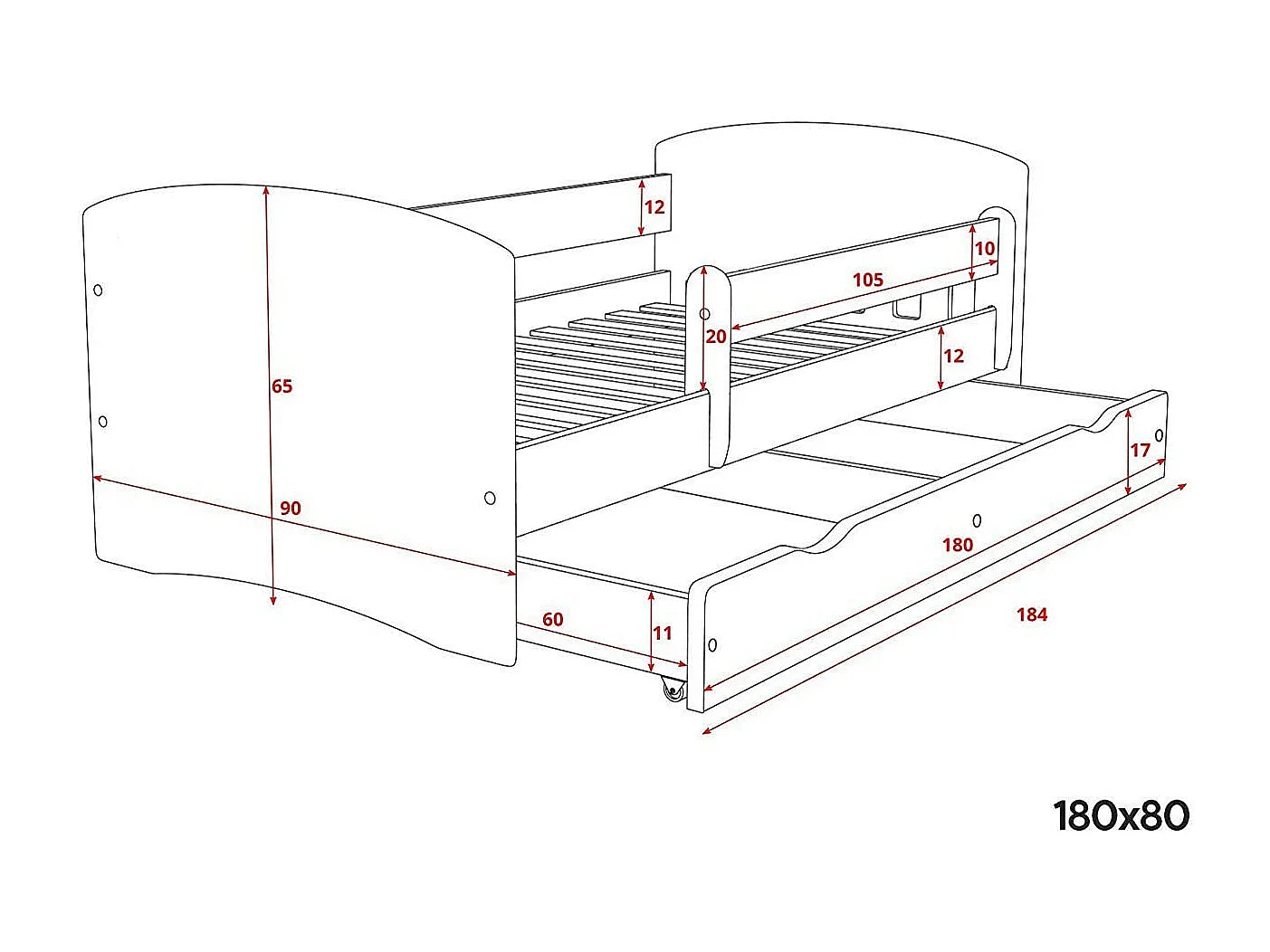 Bed gedecoreerd met hartjes met afneembare beugel wit Myra-Schuim matras-Slapen 80x160cm-Laden Zonder lade