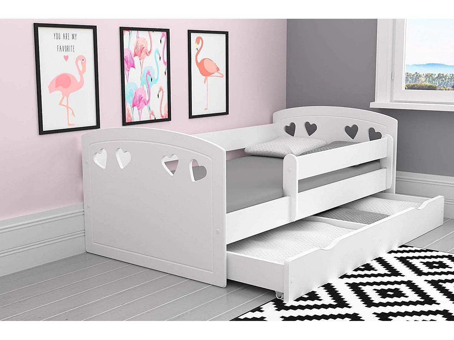 Lit orné de cœurs avec barrière de sécurité amovible blanc Myra-Matelas mousse-80x160